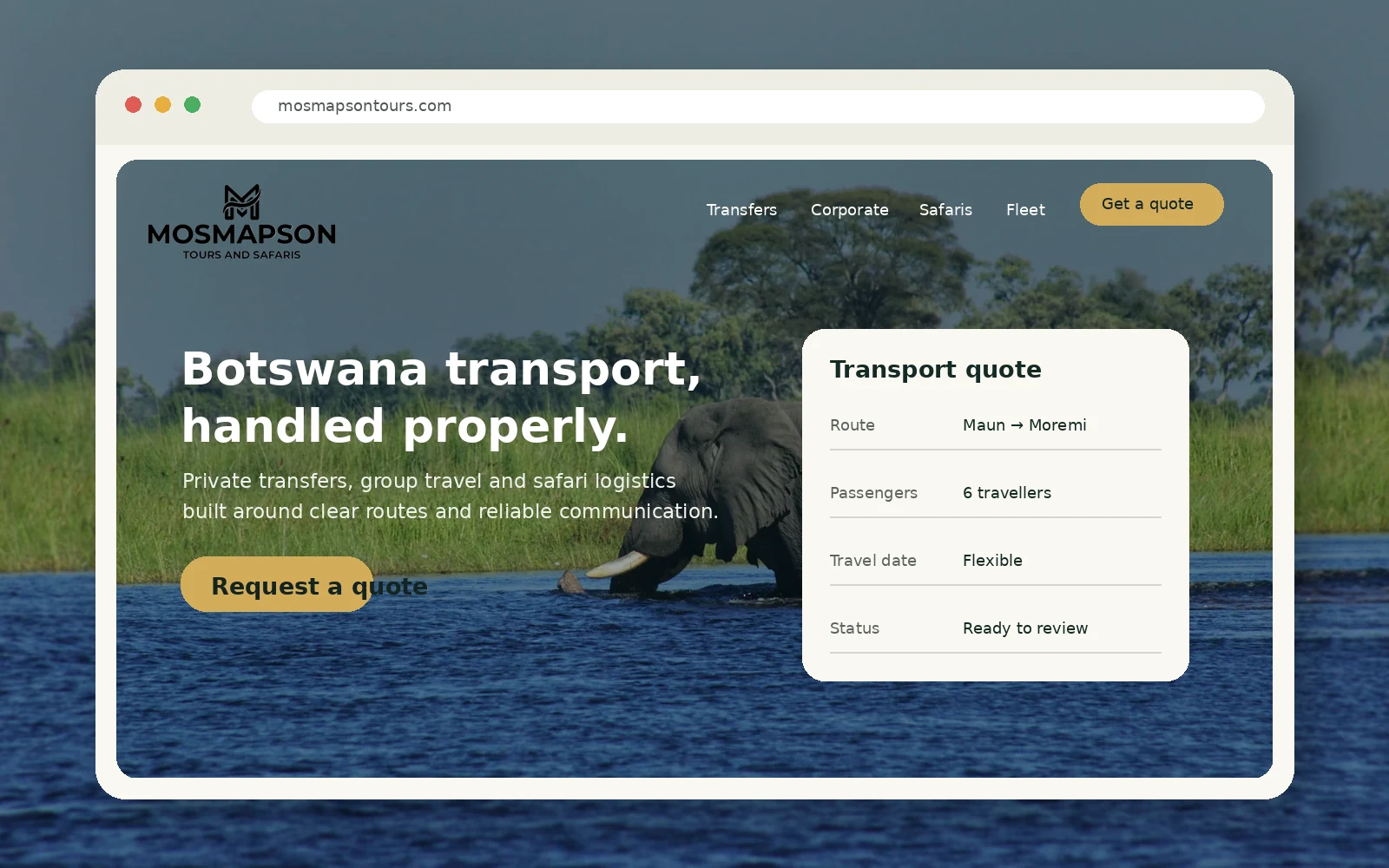 Mosmapson Tours and Safaris website concept showing a Botswana transport hero, elephant photography, navigation, and quote summary.