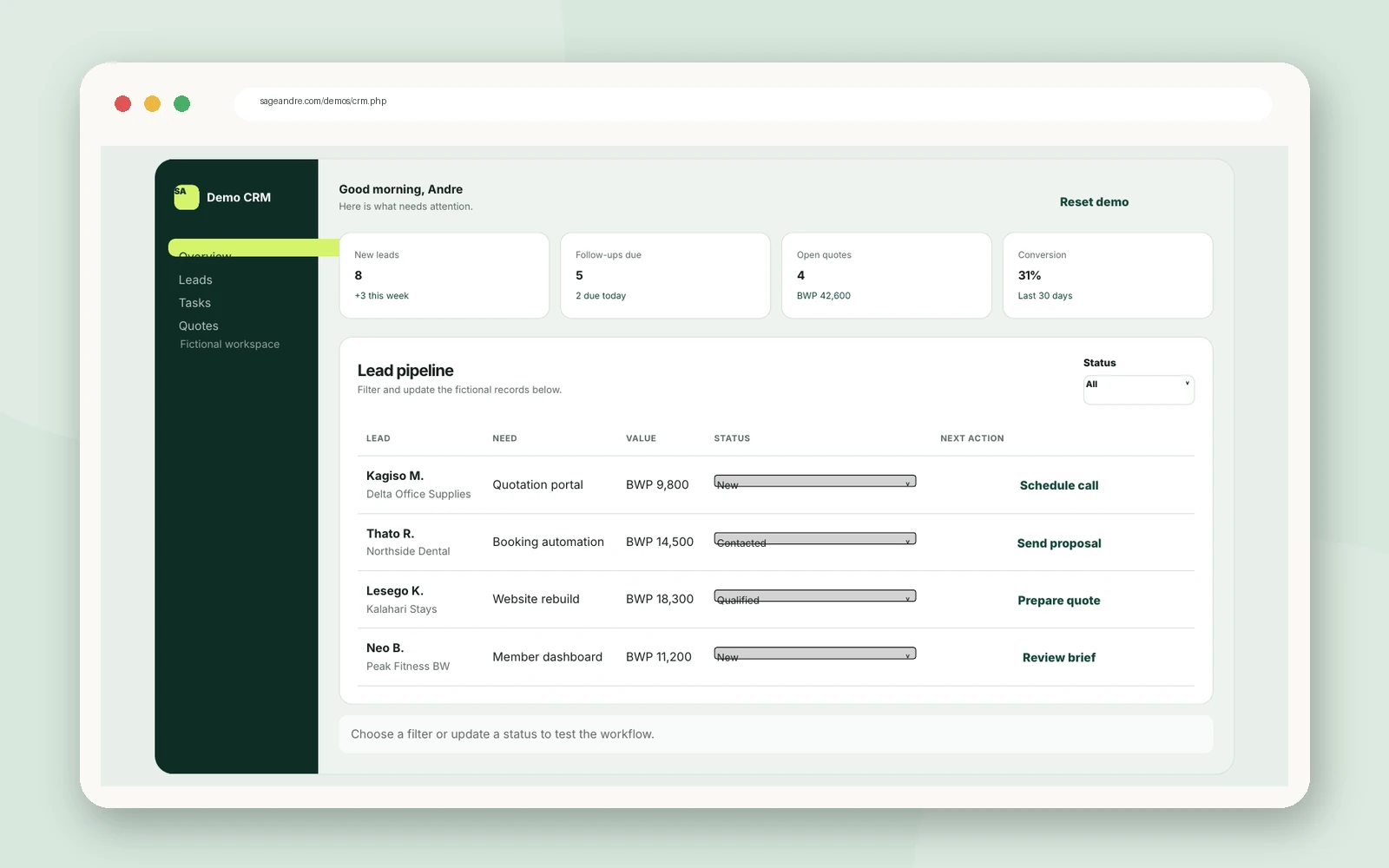 Sage Andre CRM demo showing lead metrics, pipeline records, statuses, values, and follow-up actions.
