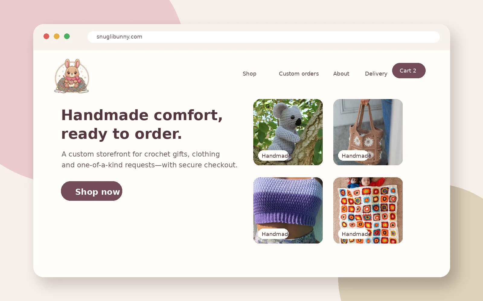 Snugli Bunny storefront presentation with handmade crochet products, shop navigation, cart, and product photography.